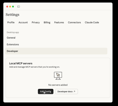 Choosing the Edit Config option in Claude Desktop's developer settings